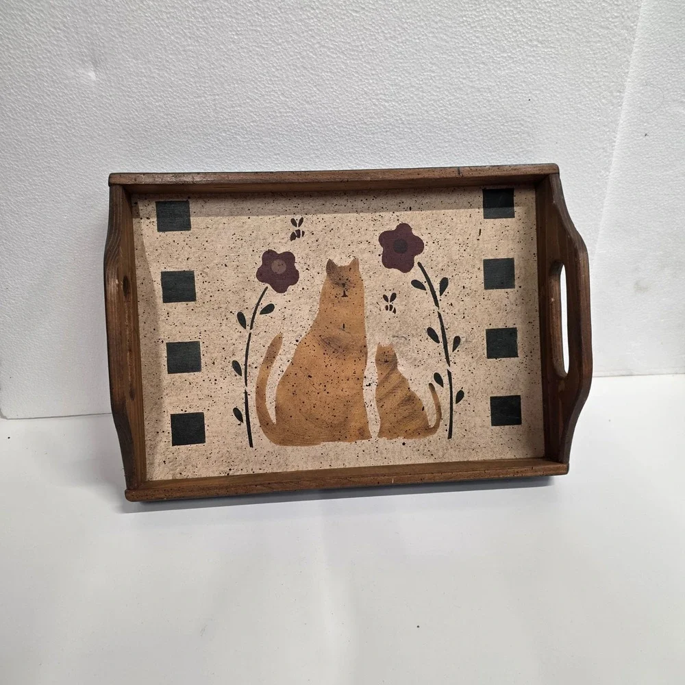 Vintage Primitive Folk Art Wooden Cat Serving Tray Farmhouse Decor Hand Painted